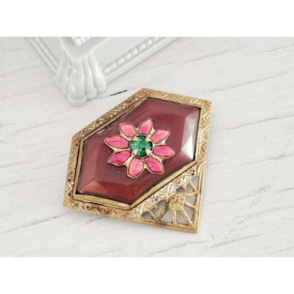 Vintage Art Deco Gold Tone Enamel Glass Floral Pin Brooch